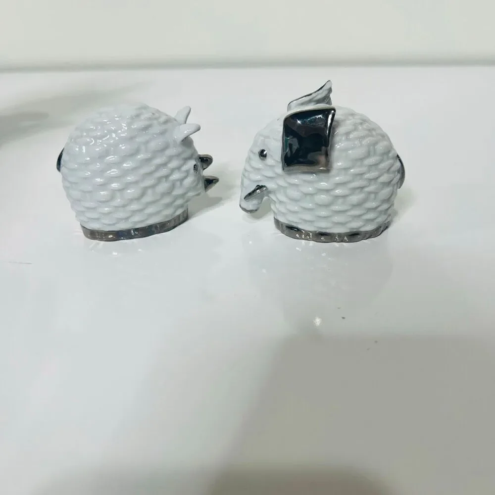 Gucci Vintage Twin White Silver Ceramic Salt Pepper Shakers Elephant Rhinoceros